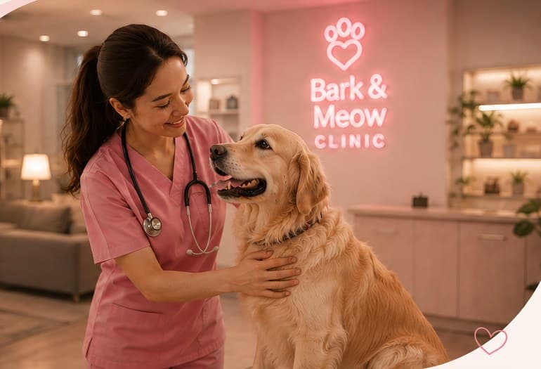 A veterinarian in pink scrubs smiling with a golden retriever in the Bark & Meow reception lounge