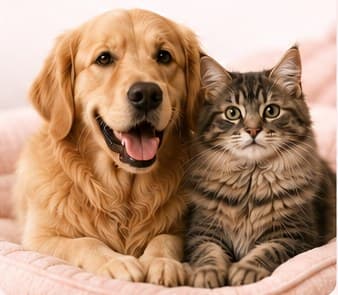 A golden retriever and a tabby cat resting together