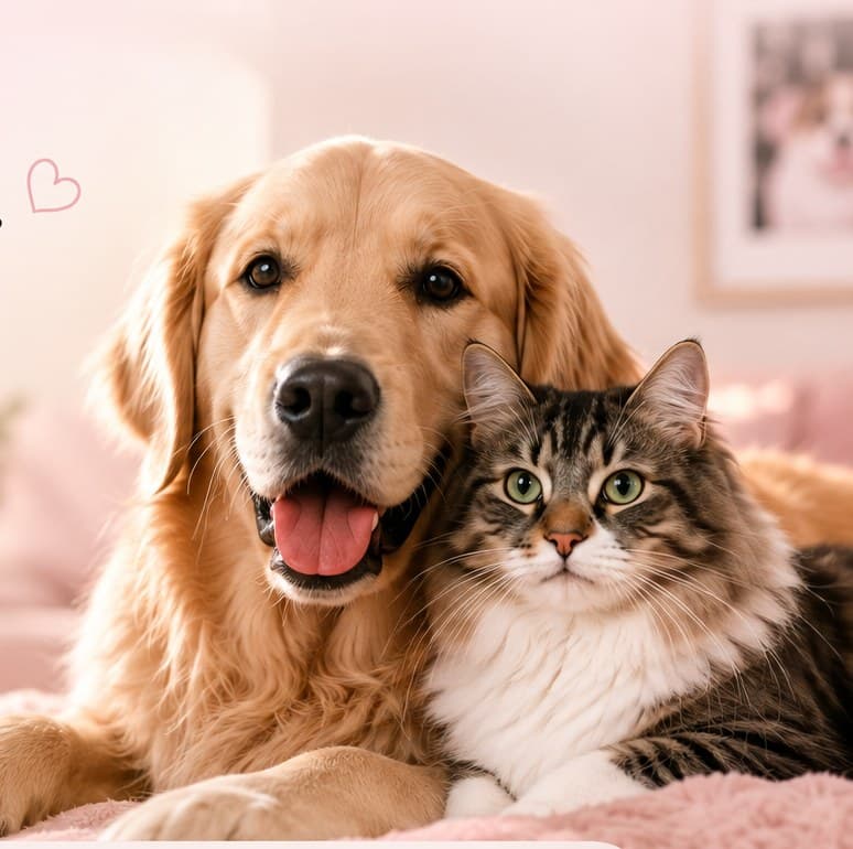A golden retriever and a tabby cat resting together on a soft pink blanket