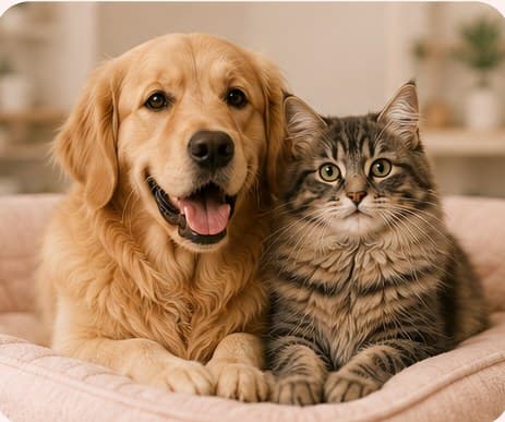 A golden retriever and a tabby cat resting side by side on a soft bed