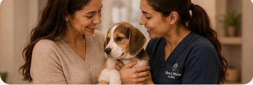 A pet parent and veterinarian holding a beagle puppy together
