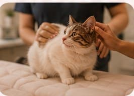 A ginger cat being gently stroked on an exam bed
