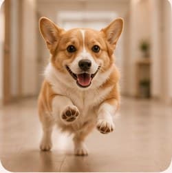 A corgi running happily down the clinic hallway
