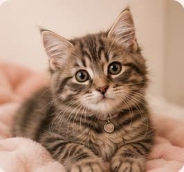 A tabby kitten resting on a soft pink blanket