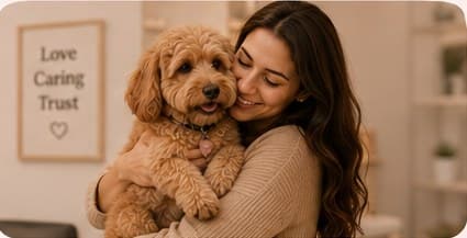 A pet parent hugging her apricot poodle in the waiting room