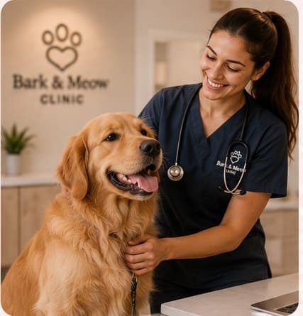 A veterinarian greeting a golden retriever at reception
