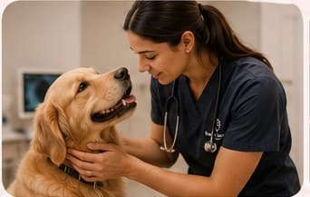 A veterinarian examining a golden retriever during a wellness visit