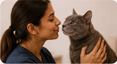 A veterinarian nose-to-nose with a grey cat