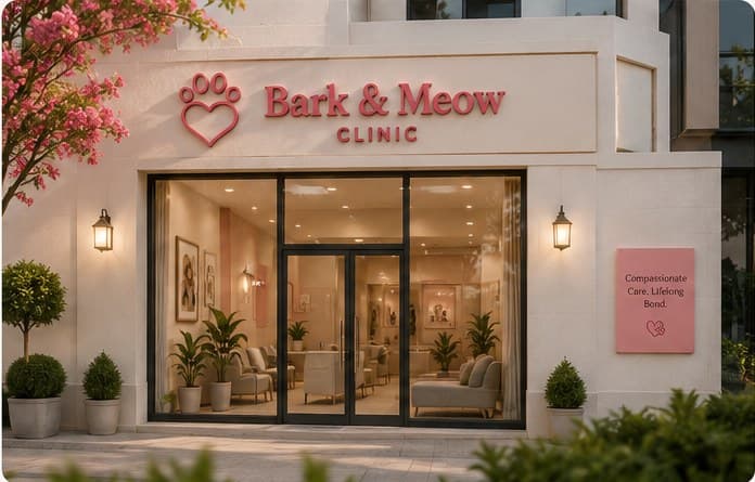 The Bark & Meow Clinic storefront with warm lighting and blossom trees