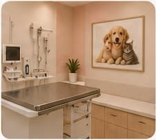A bright exam room with a stainless table and clean equipment