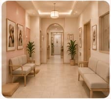 A calm hallway lined with framed pet portraits and seating