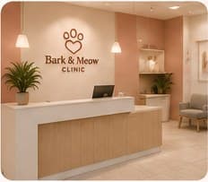 The Bark & Meow reception desk with warm lighting and plants