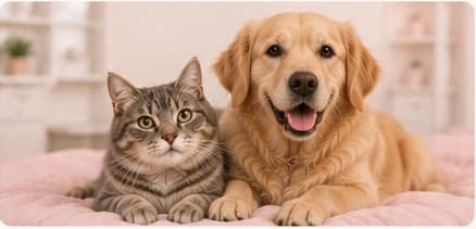 A tabby cat and golden retriever resting together on a pink blanket