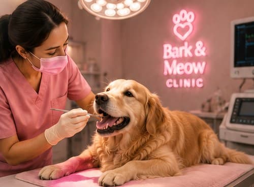 A veterinarian examining a golden retriever's teeth during a dental check