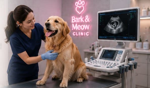 A veterinarian performing an ultrasound scan on a golden retriever