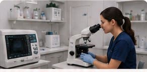 A veterinary technician examining a sample under a microscope in the in-house lab