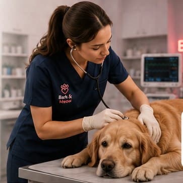 An emergency veterinarian monitoring a golden retriever in the treatment room