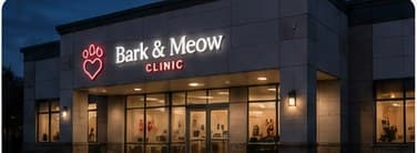 The Bark & Meow Clinic building lit up at night