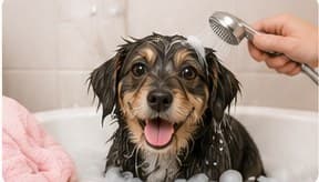 A happy terrier being rinsed in a bath with a handheld shower