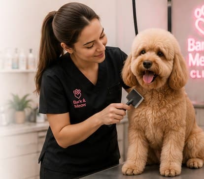 A groomer brushing an apricot poodle in the Bark & Meow grooming studio