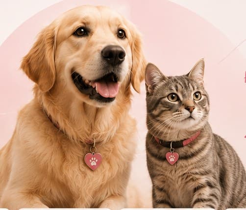 A golden retriever and a tabby cat sitting side by side wearing paw-print tags