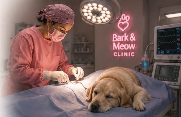A veterinary surgeon operating on a golden retriever under surgical lighting
