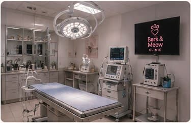 The Bark & Meow surgical suite with monitoring equipment and overhead lighting