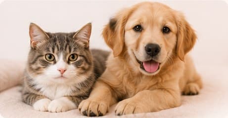 A tabby cat and a golden retriever puppy lying together