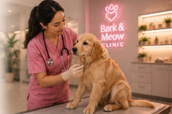 A veterinarian gently vaccinating a golden retriever puppy