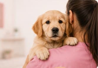 A golden retriever puppy resting on a veterinarian's shoulder