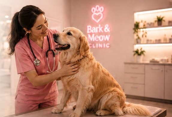 A veterinarian in pink scrubs examining a golden retriever on an exam table