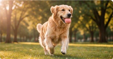 A golden retriever running through a sunlit park